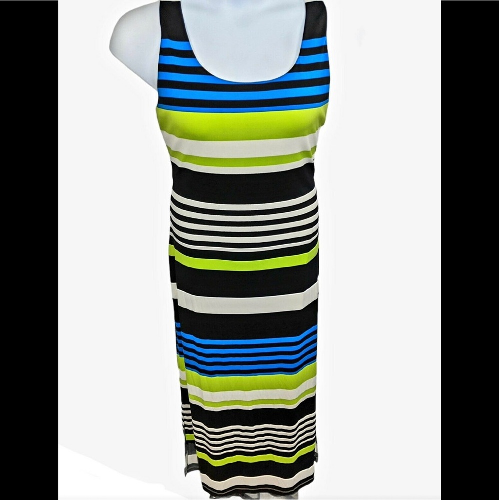 Jessica Howard Lime Green, Black, Blue and White Striped Maxi Dress